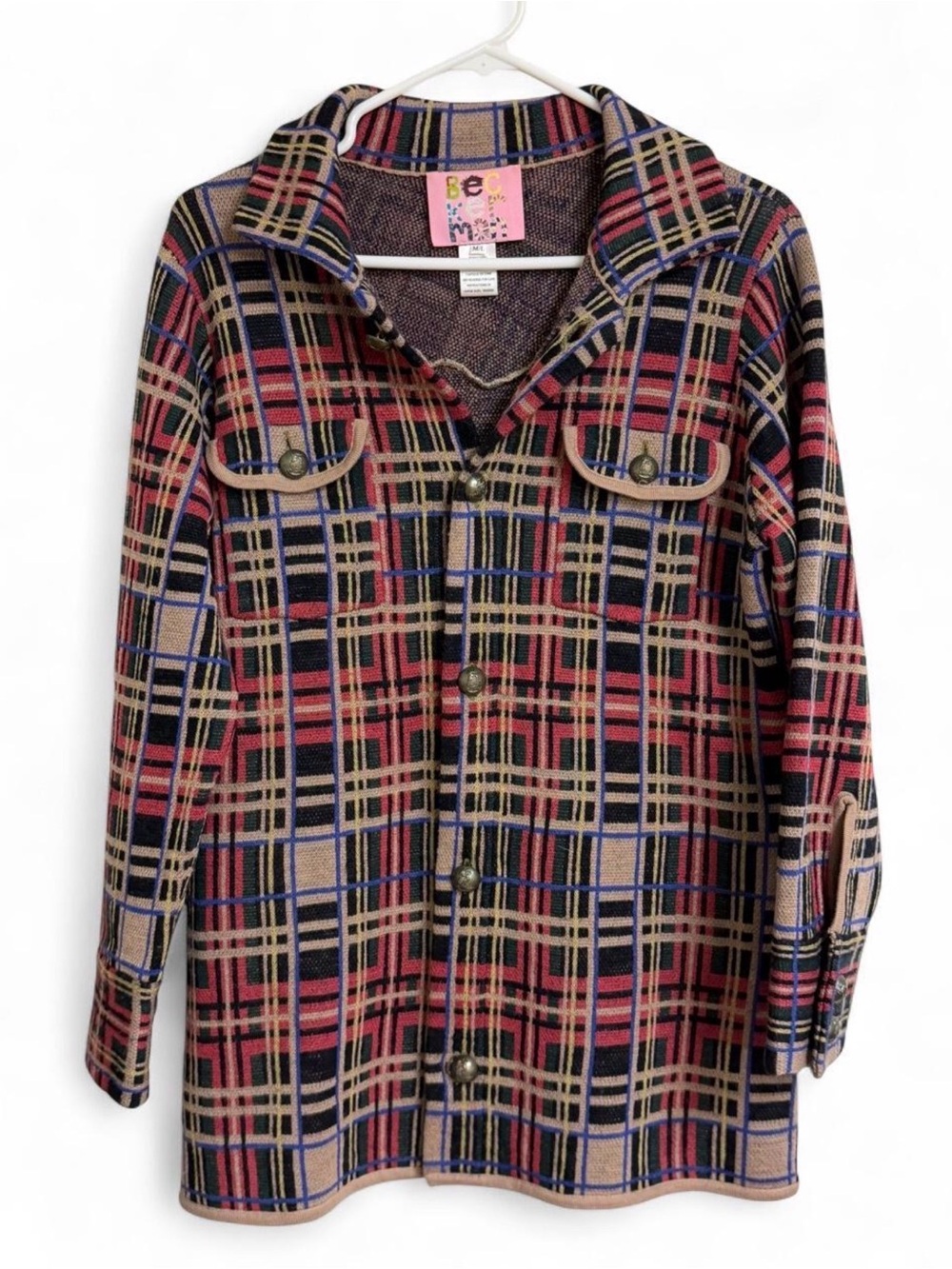Women’s Plaid Button-Front Sweater- Black, Red, Tan & Blue